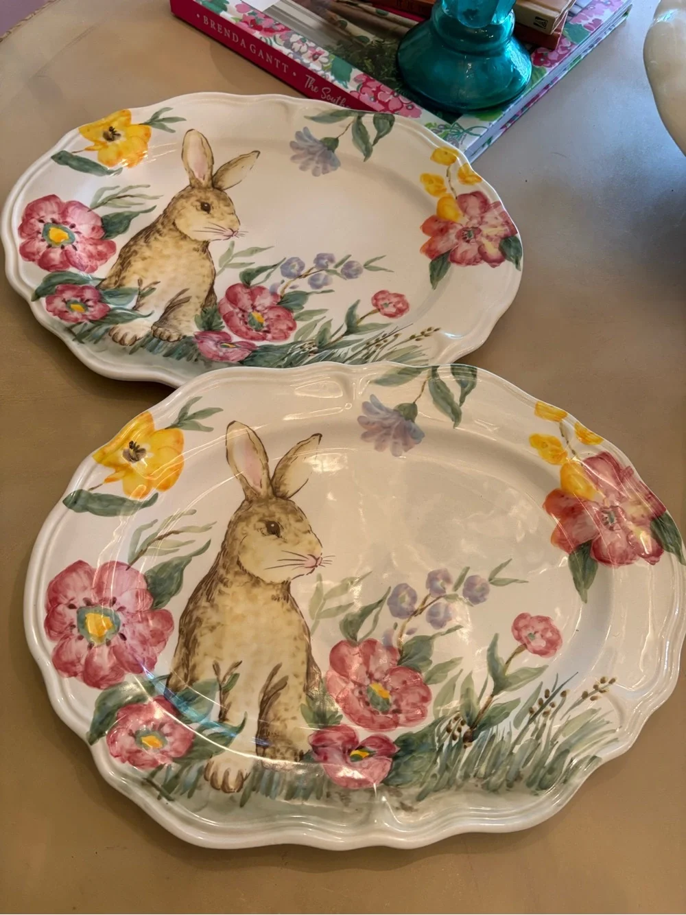 Floral Bunny Ceramic Serving Platter - White with Multicolor Floral Design